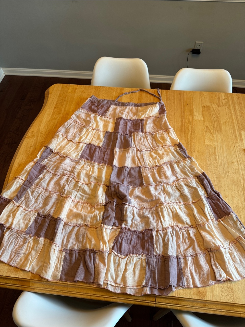 Tiered A-Line Midi Skirt in Cream and Mauve